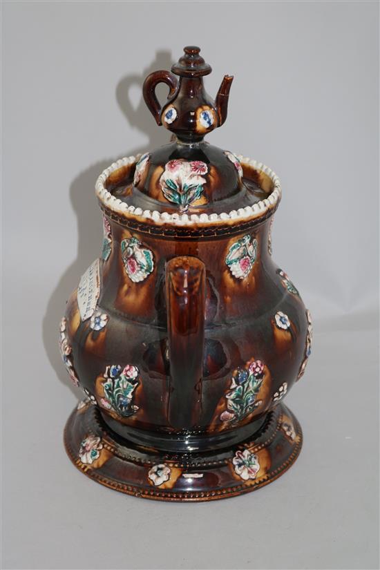 A late Victorian Meerschaum pottery Barge Ware teapot, cover and stand, 13.25in.